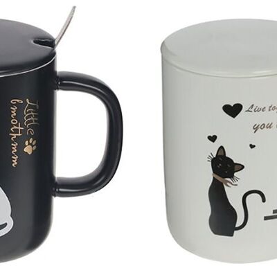 "CAT" ceramic mug with lid and spoon in 2 designs. DF-434