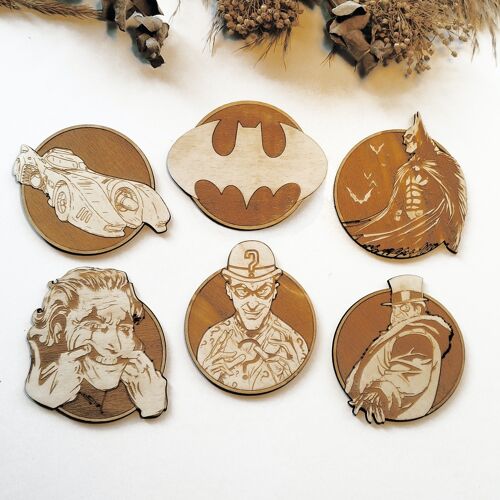Set of 6 Batman Wood Coasters - Housewarming Gift