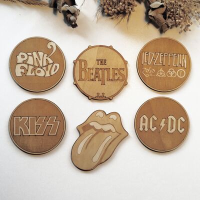 Set of 6 Rock Bands Wood Coasters - Housewarming Gift