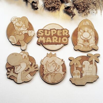 Ensemble de 6 sous-verres en bois Super Mario Bros - cadeau de pendaison de crémaillère