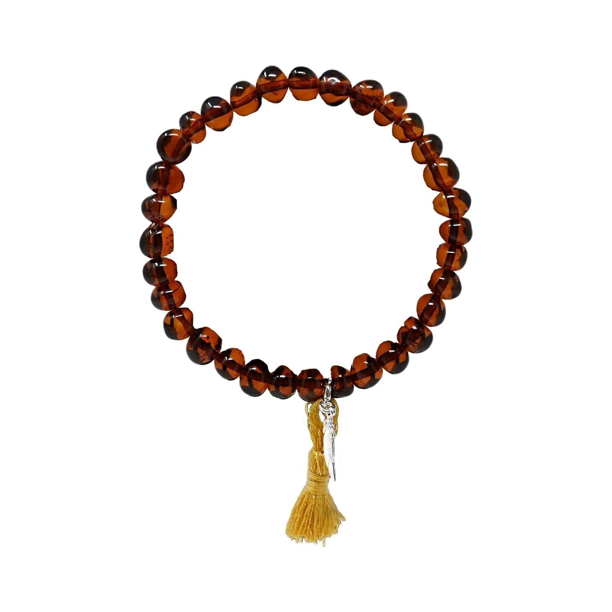 Bernstein-Armband für Erwachsene – Cognac (Mini-Silberfeder/Senfquaste)