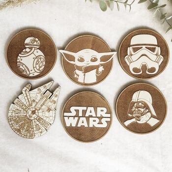 Ensemble de 6 sous-verres en bois Star Wars - Baby Yoda - Dark Vador - Porte-gobelets 1