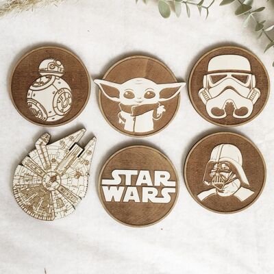 Set of 6 Star Wars Wood Coasters - Baby Yoda - Darth Vader - Cup Holders