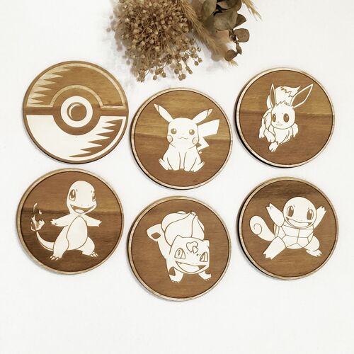 Set of 6 Pokemon Wood Coasters - Pikachu -  Cup Holder