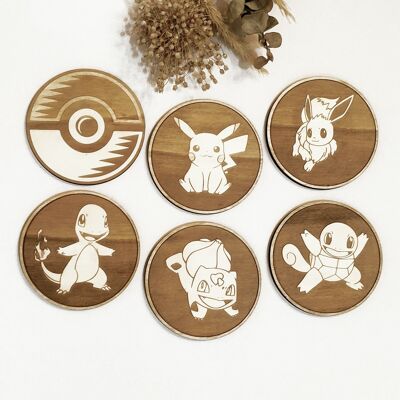 Lot de 6 sous-verres en bois Pokemon - Pikachu - porte-gobelet