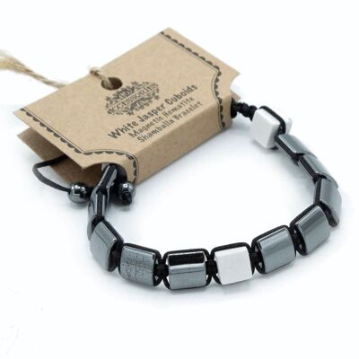 MHSB-11 - Bracciale Shamballa in ematite magnetica - Cuboidi di diaspro bianco - Venduto in 3x unità/s per esterno