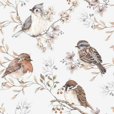 Papier Peint Oiseaux Blanc-Gris