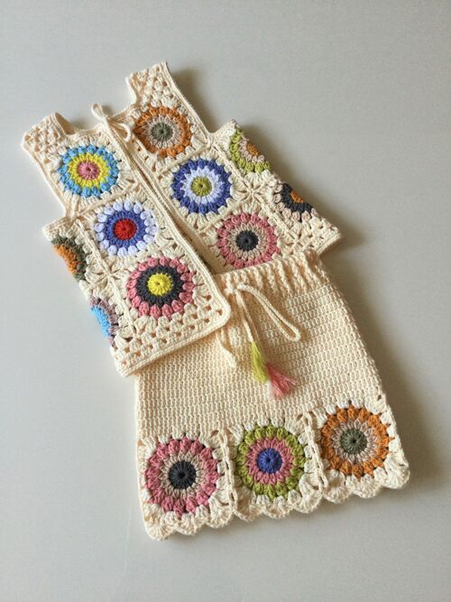 Organic Cotton Crochet Patchwork Vintage Vest and Skirt