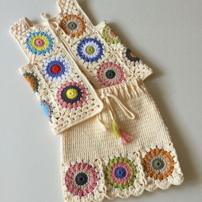 Chaleco y falda vintage patchwork de crochet de algodón orgánico