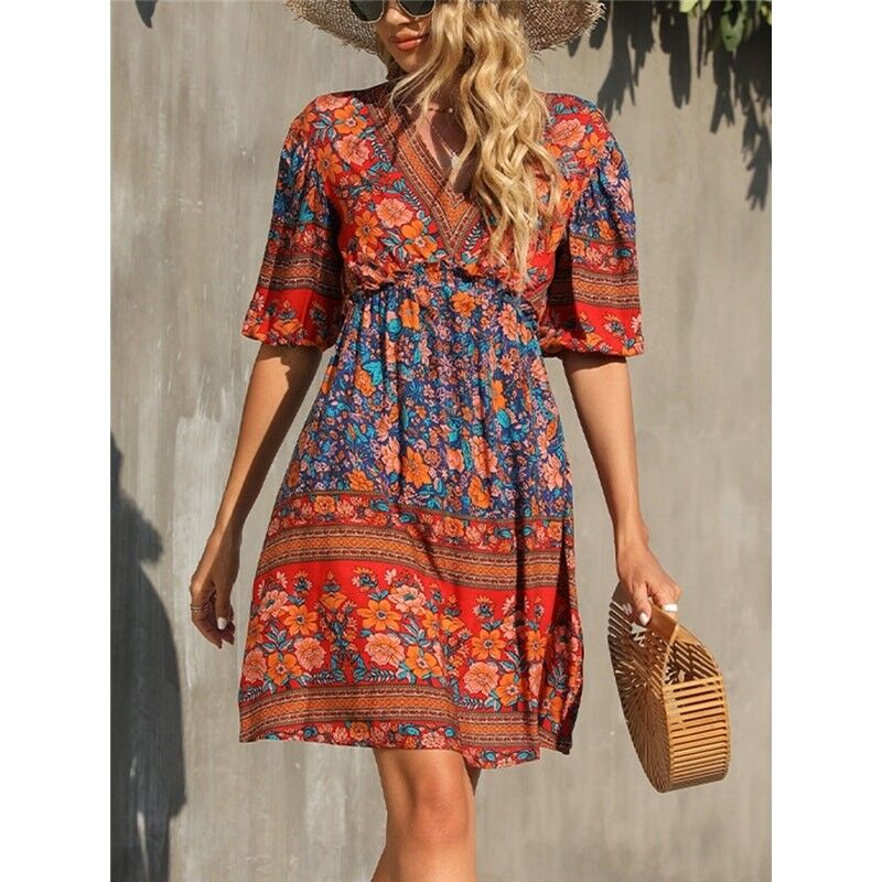 Vestido vintage de manga corta con cuello en V estampado