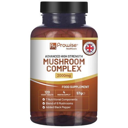 Advanced Mushroom Complex | A super blend of 6 Mushrooms - 120 Vegan High Strength Tablets | Made in UK