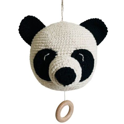 caja de música de oso panda sostenible - negro y blanco roto - algodón orgánico - hecho a mano en Nepal - caja de música de ganchillo