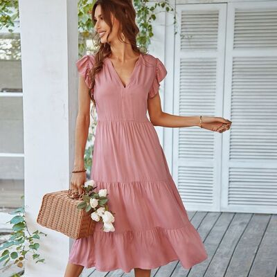 V-Neck Solid Loose Casual Knee Length Sundress