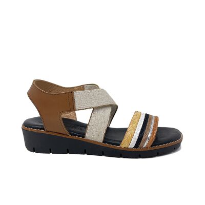 Morgana wedge sandals in leather, elastic and multicolored raffia