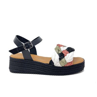 Isis platform sandals in black multicolor leather and raffia