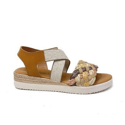 Selene wedge sandals in leather, elastic and brown multicolor raffia