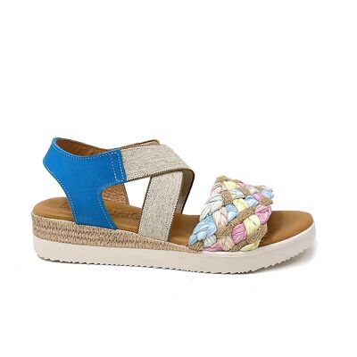 Selene wedge sandals in leather, elastic and multicolor raffia Blue