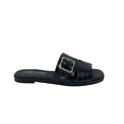 Flache Libera-Sandale aus schwarzem Leder mit Gravur