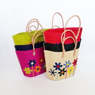 Paniers rabane "Majunga"  12 pièces assorties avec motifs fleurs brodés