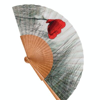 Wooden fan and cotton fabric, ecological and sustainable. Handmade in Spain. Poppy