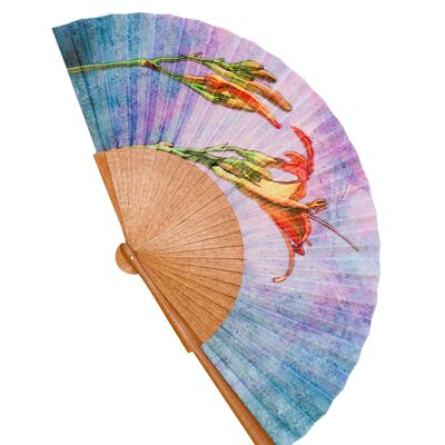 Wooden fan and cotton fabric, ecological and sustainable. Handmade in Spain. Girona Lilies
