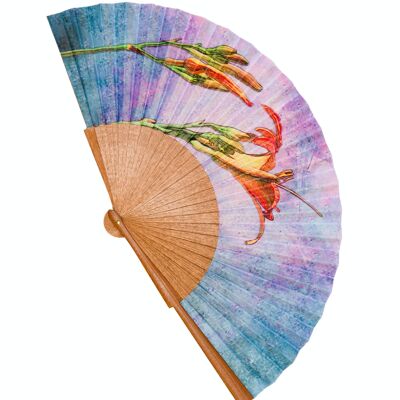 Wooden fan and cotton fabric, ecological and sustainable. Handmade in Spain. Girona Lilies