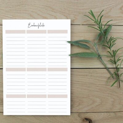 Shopping list with freely selectable categories | DIN A5 | Notepad | Menu plan | shopping list | shopping block | beige