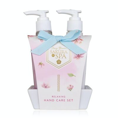 Hand care set SAKURA SPA on a ceramic tray, with hand soap and hand lotion