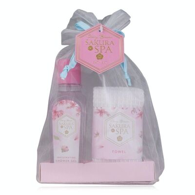 Set de bain SAKURA SPA en sachet organza, avec gel douche et petite serviette