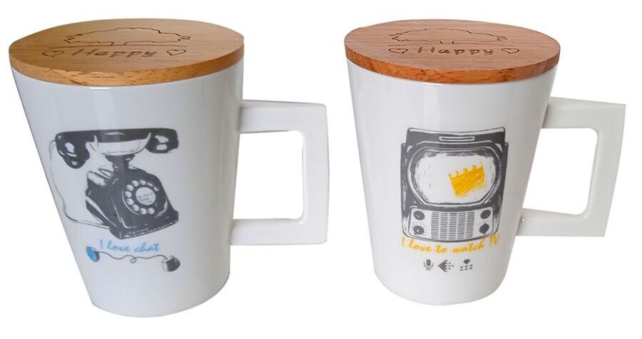 Keramikbecher mit Deckel aus Bambus in 2 Designs & Keramikbecher mit Deckel in 2 Designs.