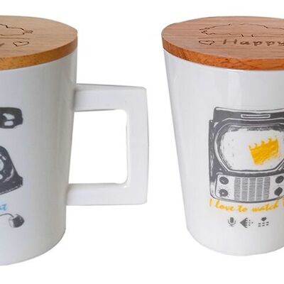 Taza de cerámica con tapa de bambú en 2 diseños & Taza de cerámica con tapa en 2 diseños.