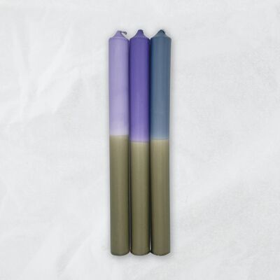 Candele Dip Dye / Sfumature di blu e viola x Kaki / 25 cm / Set di 3