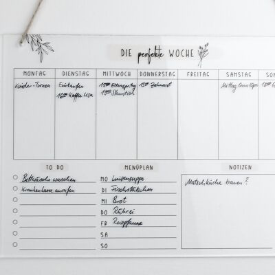 Weekly planner A4 acrylic | Wipe clean wall planner for the week | Wall Calendar | To Do List | Menu Planner | acrylic glass