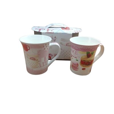 Set of 2 ceramic mugs with macarons in a box