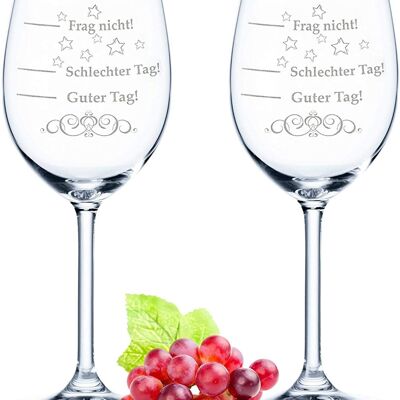 Set di bicchieri da vino con incisione giornaliera Leonardo - Brutta giornata, buona giornata, non chiedere - 460 ml - Adatto sia per vino rosso che bianco