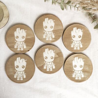 Set of 6 Baby Groot Wood Coasters - Housewarming Gift
