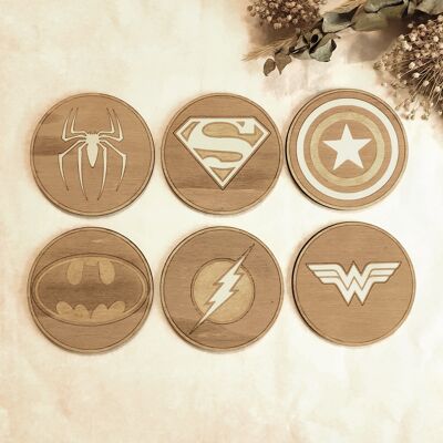 Set of 6 Superheroes Wood Coasters - Housewarming Gift