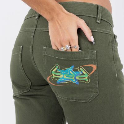 Poison Ivy Low Rise Lace Up Flared Denim Jeans With Thong Detail In Khaki