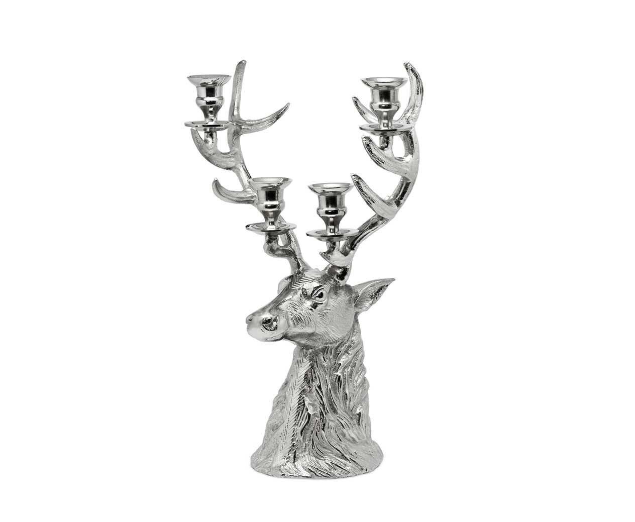 Kerzenleuchter Hirsch Richard für 4 Stabkerzen, Höhe 43 cm, Aluminium vernickelt silberfarben