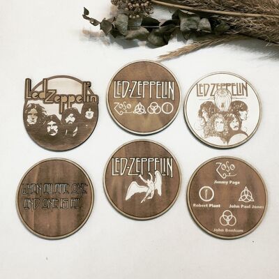 Ensemble de 6 sous-verres en bois Led Zeppelin - Cadeau de pendaison de crémaillère - Groupes de rock