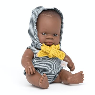 Miniland Dolls: AFRICAN BABY BOY DOLL DRESSED 21cm, vanilla scented, waterproof, in resin. Made in Spain, 10m+