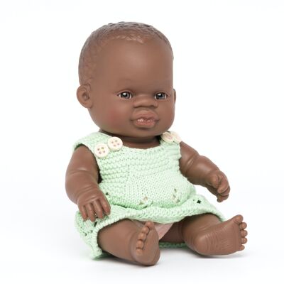 Miniland Dolls: AFRICAN GIRL BABY DOLL DRESSED 21cm, vanilla scented, waterproof, in resin. Made in Spain, 10m+