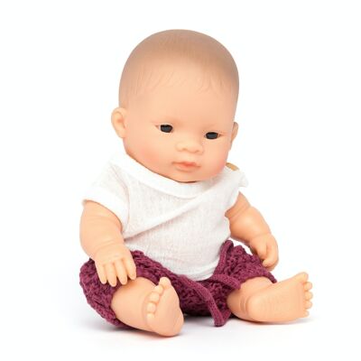 Miniland Dolls: ASIAN BABY BOY DOLL DRESSED 21cm, vanilla scented, waterproof, resin. Made in Spain, 10m+