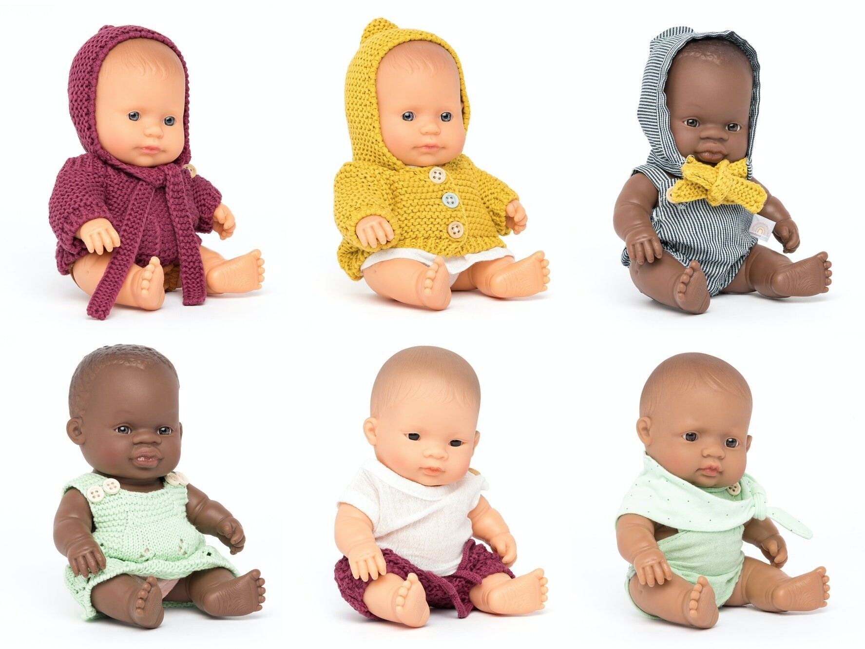 Miniland Dolls: SET GEKLEIDETE BABYPUPPEN 21cm, sort. von 6 Modellen, Vanilleduft, wasserdicht, aus Harz. Hergestellt in Spanien, 10m+
