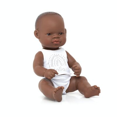 Miniland Dolls: AFRICAN BABY BOY DOLL 32cm, con olor a vainilla, resistente al agua, sex doll, en resina, en caja. Fabricado en España, 10m+