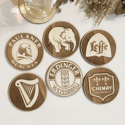 Set of 6 Beers Collection Wood Coasters - Housewarming Gift