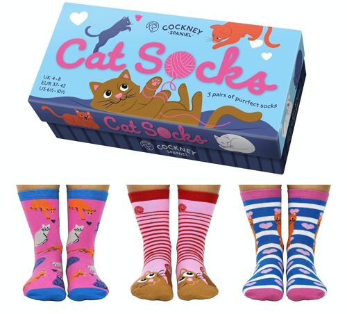 CAT SOCKS GIFT BOX - 3 Matching Pairs of Socks |Cockney Spaniel| UK 4-8, EUR 37-42, US 6.5 -10.5