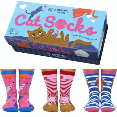 CAT SOCKS GIFT BOX - 3 Matching Pairs of Socks |Cockney Spaniel| UK 4-8, EUR 37-42, US 6.5 -10.5