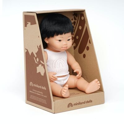 Miniland Dolls: ASIAN BOY DOLL with DOWN SYNDROME 38cm, vanilla scented, waterproof, gendered  doll, in resin, in gift box. Made in Spain, 10m+