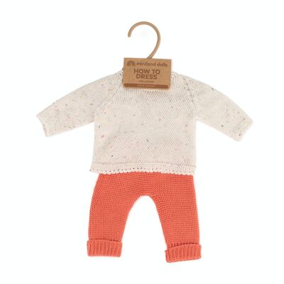 Miniland Dolls: SET of KNITTED CLOTHES red/white for 38cm doll, eco and recycled, 2 pieces, pants and sweater, on a hanger, 3+